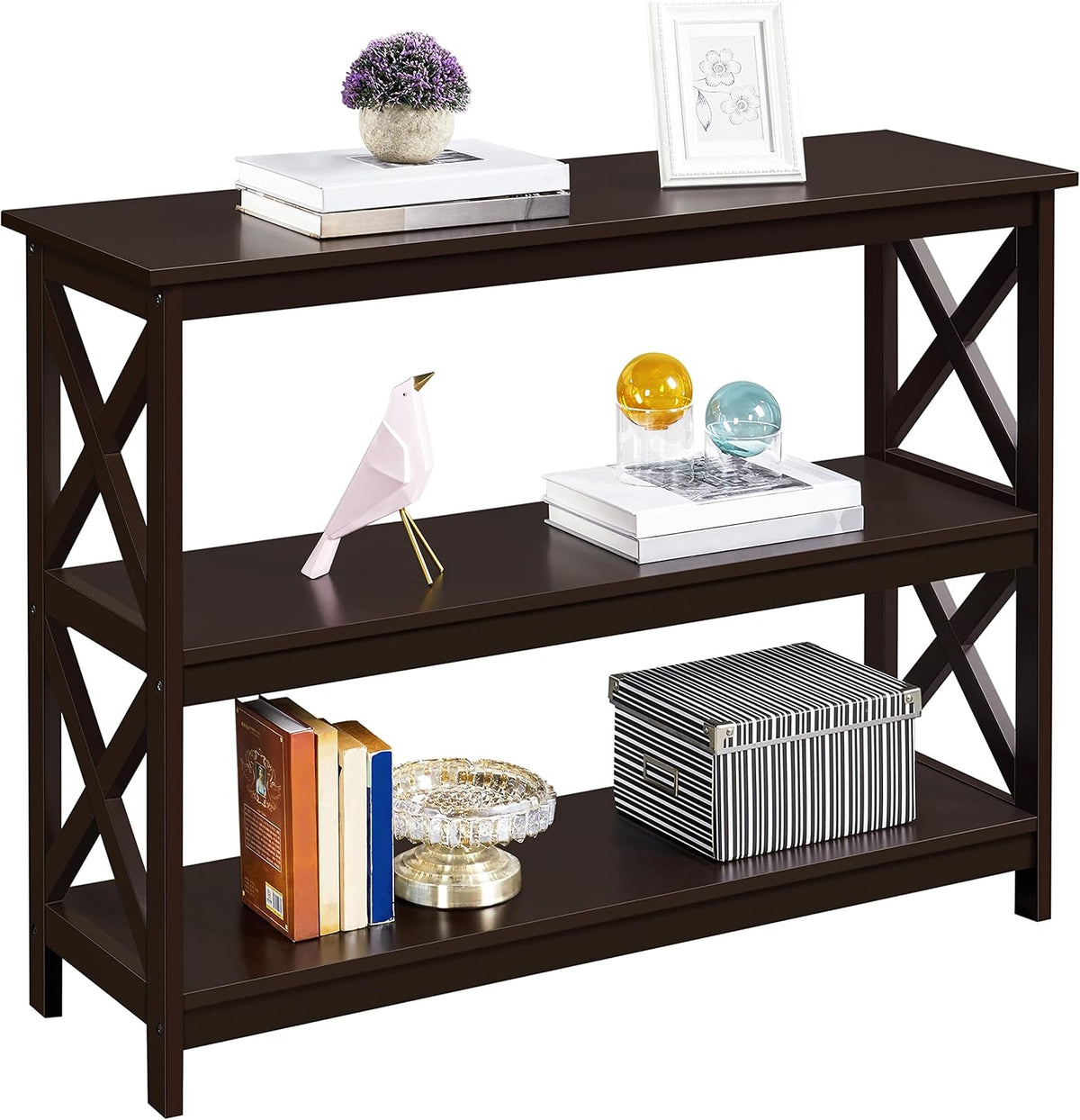 Espresso Console Table 3-Tier Narrow X-Frame Open Storage Shelf