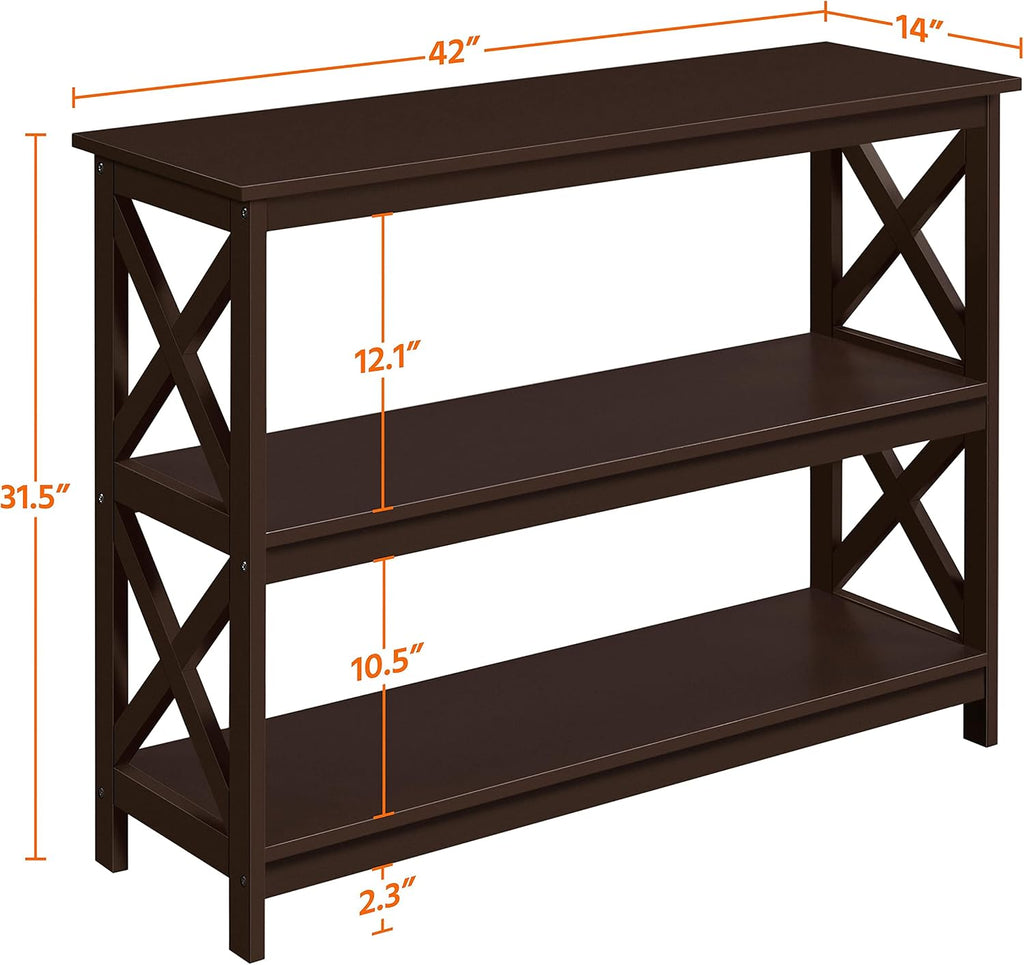Espresso Console Table 3-Tier Narrow X-Frame Open Storage Shelf