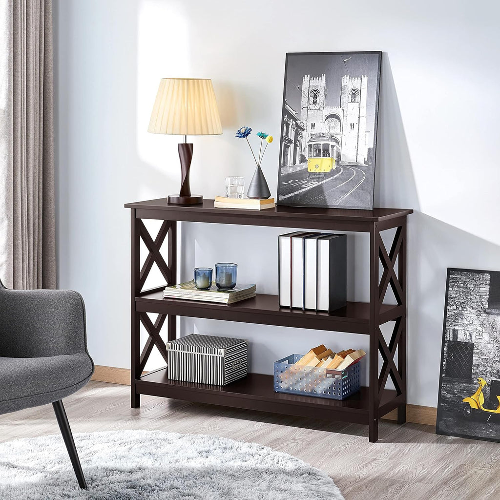 Espresso Console Table 3-Tier Narrow X-Frame Open Storage Shelf