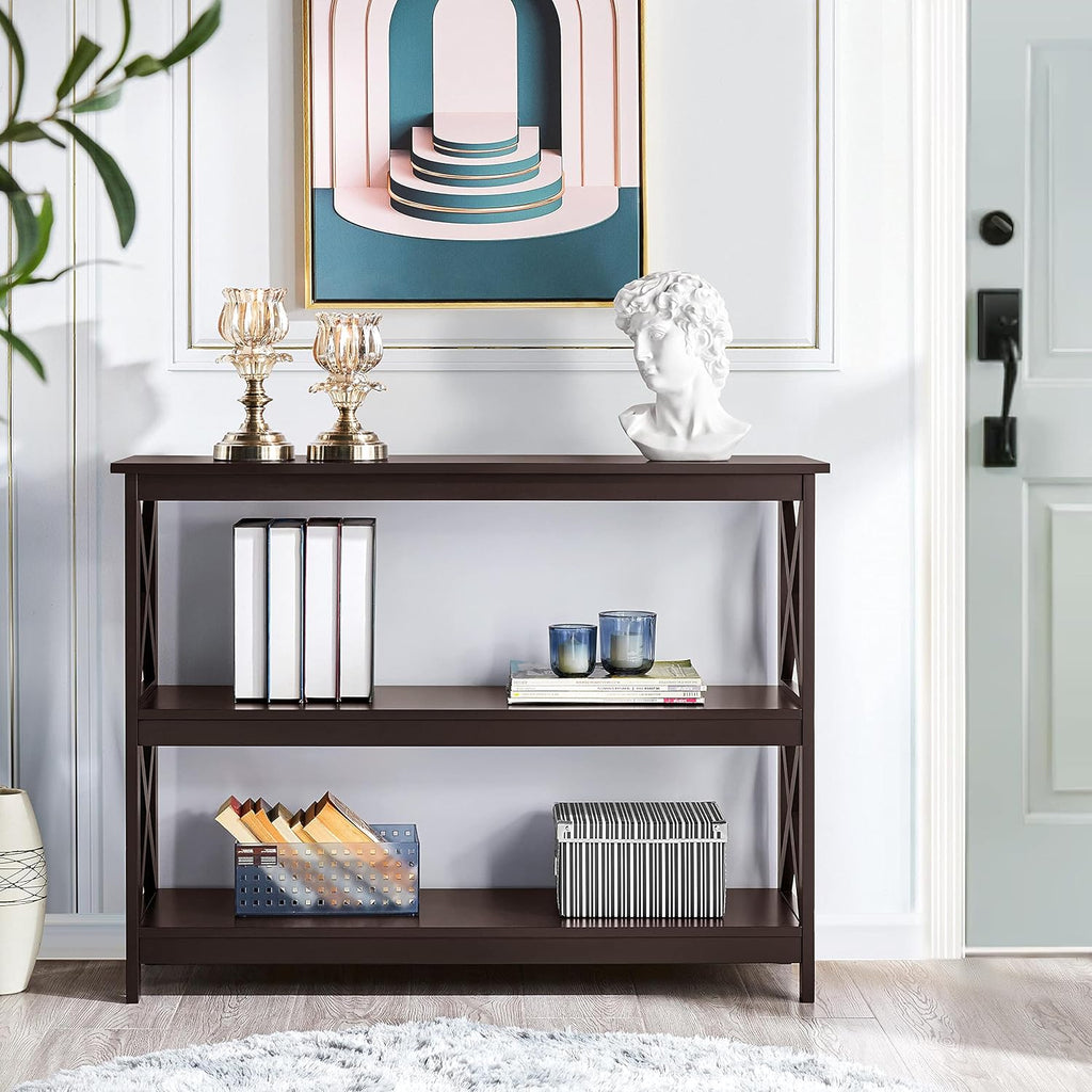 Espresso Console Table 3-Tier Narrow X-Frame Open Storage Shelf