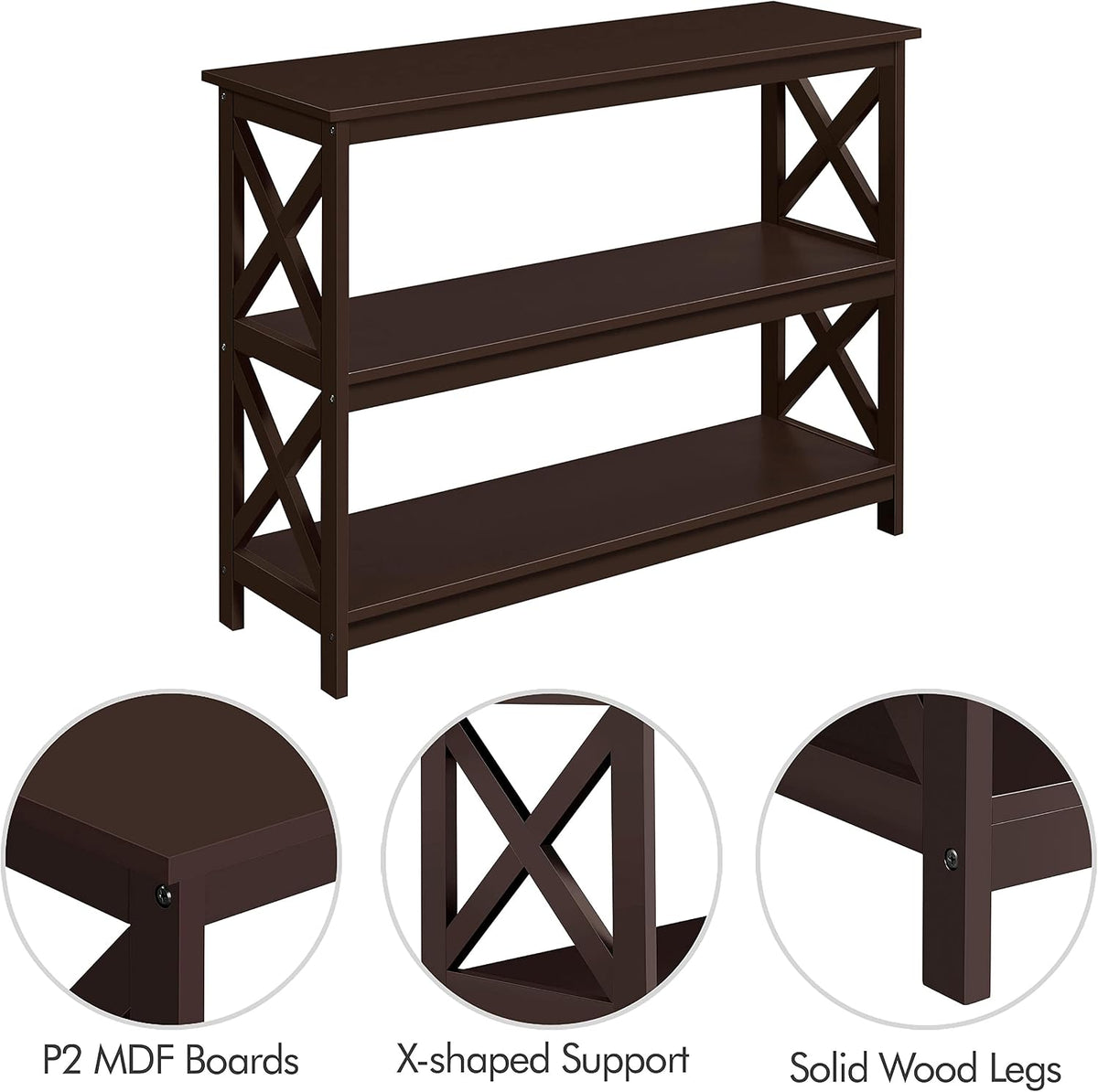 Espresso Console Table 3-Tier Narrow X-Frame Open Storage Shelf