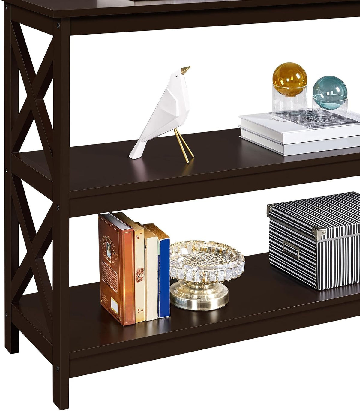 Espresso Console Table 3-Tier Narrow X-Frame Open Storage Shelf