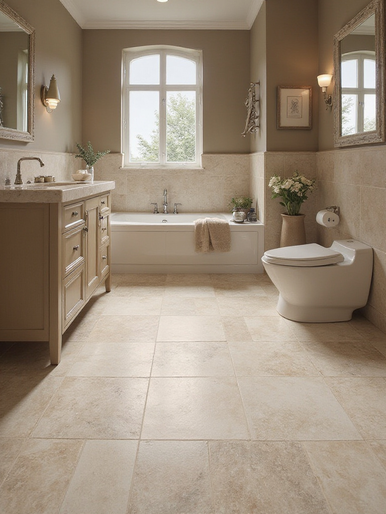Luxurious bathroom with luxury vinyl tile that resembles natural stone