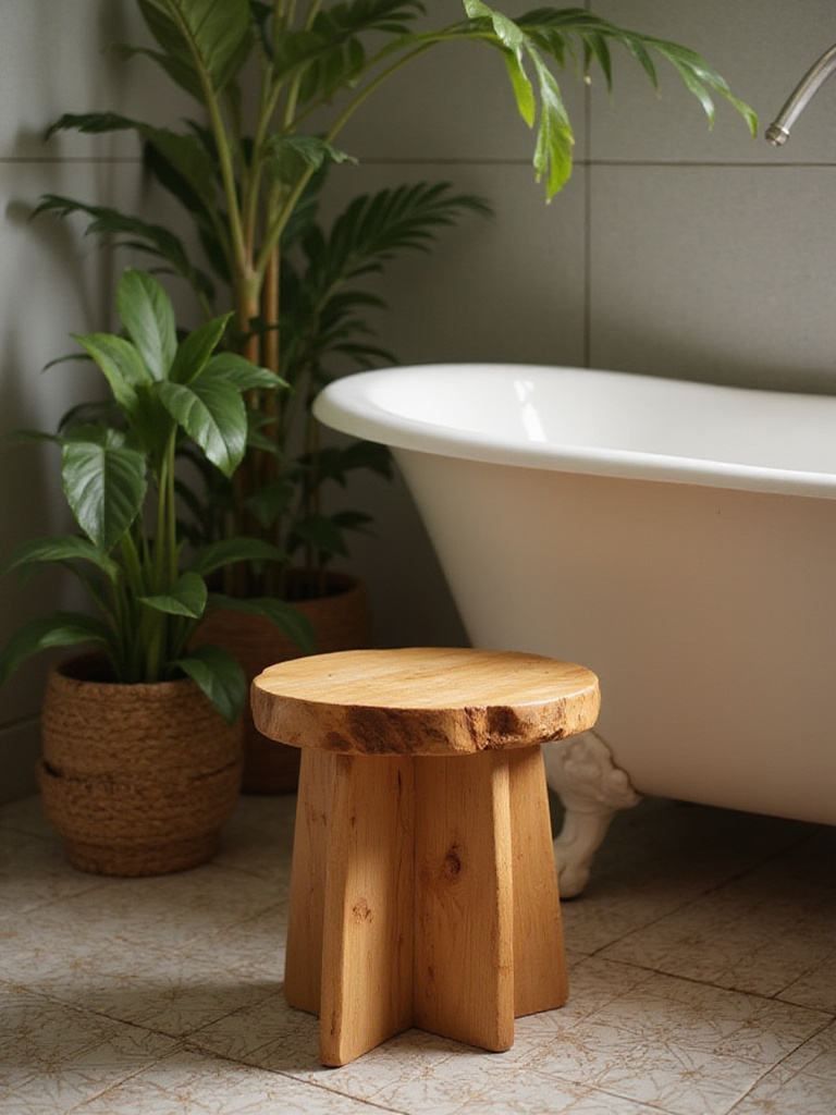 Boho bathroom with natural wood stool beside a bathtub