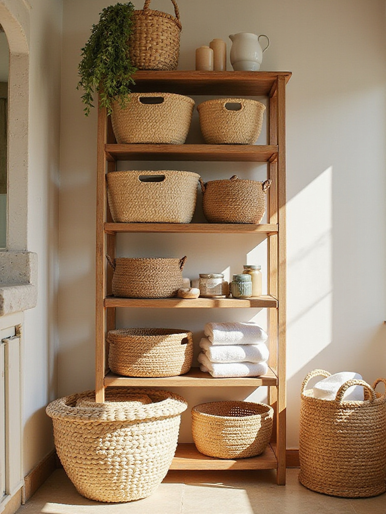 Boho bathroom with woven baskets for storage