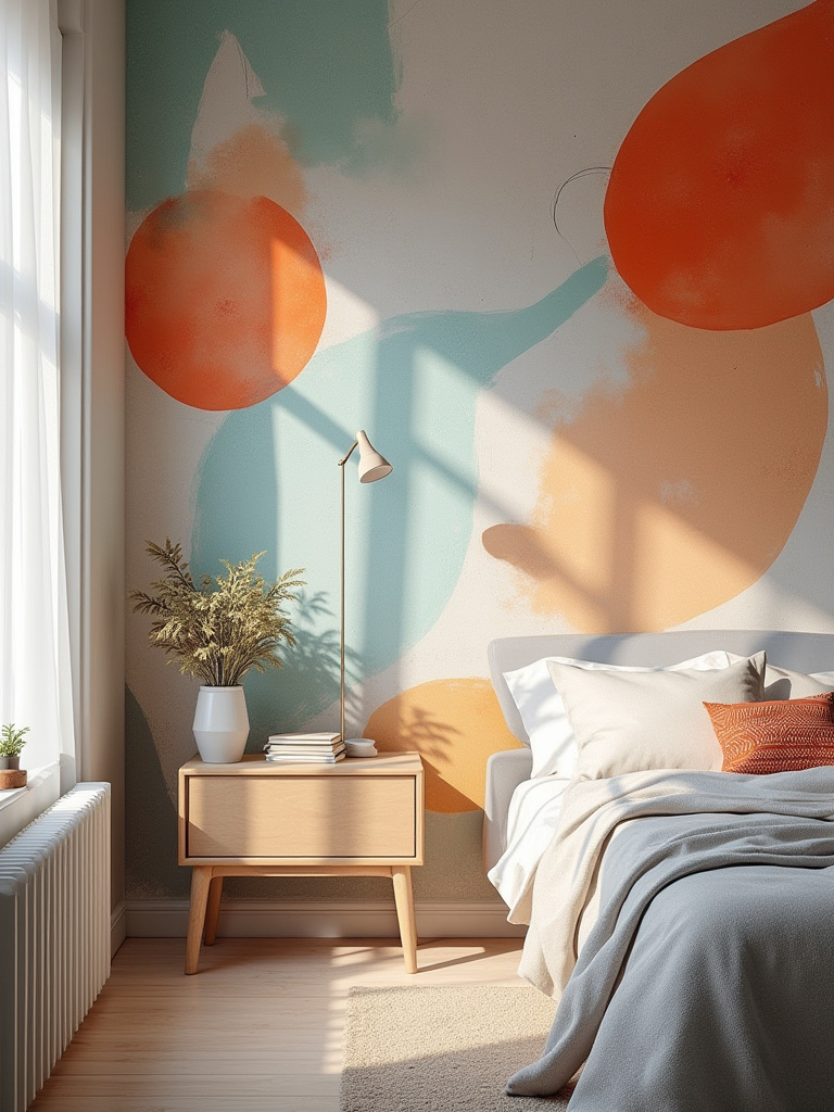 Bedroom featuring abstract art wallpaper with vibrant colors and dynamic shapes.