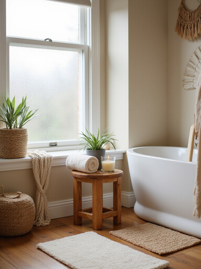 A small wooden stool in a boho bathroom, styled with towels and plants.