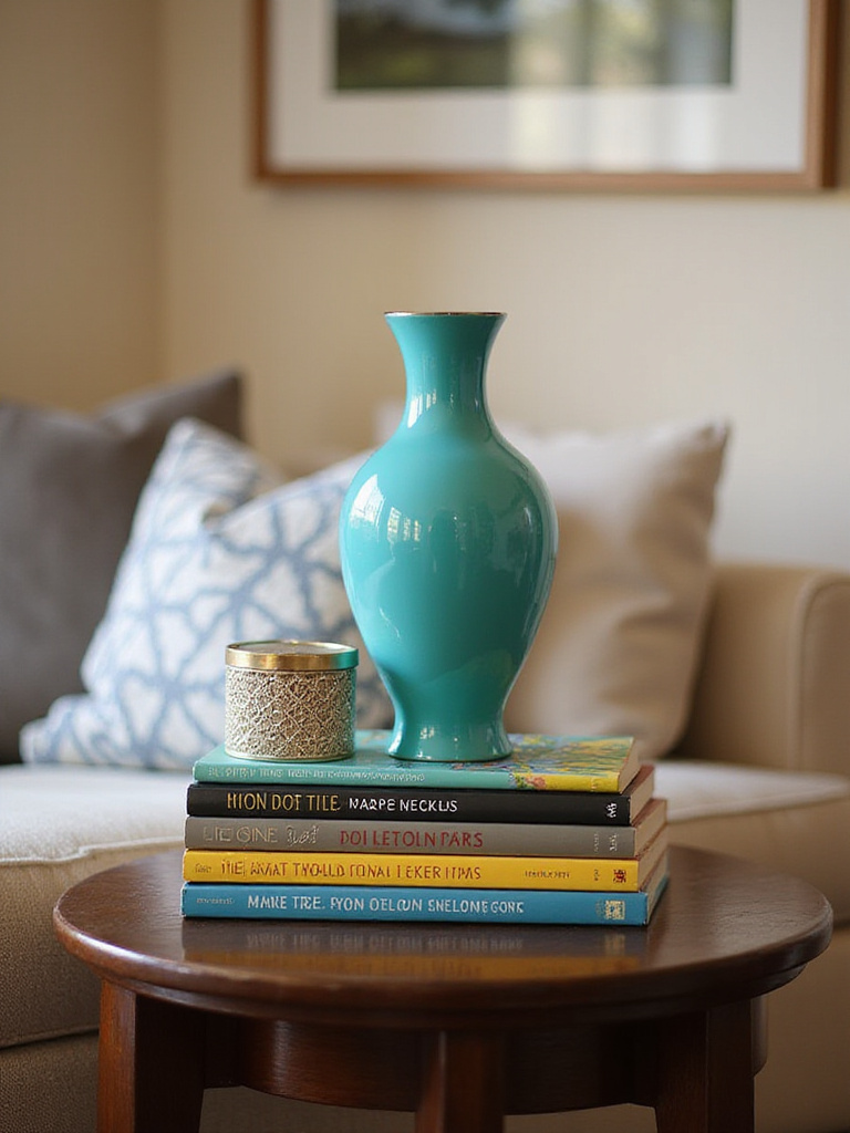 Professional photo of an end table with color pops in a neutral living room setting.