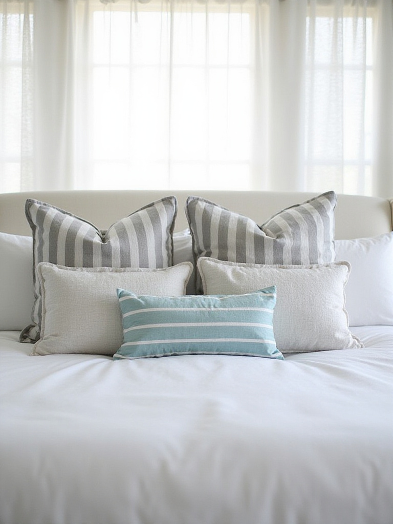 Coastal bedroom with textured pillows in nautical stripes and solids on a neatly made bed.
