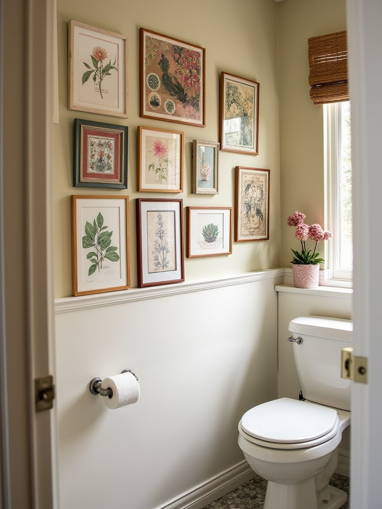 Small bathroom with a gallery wall of eclectic boho prints