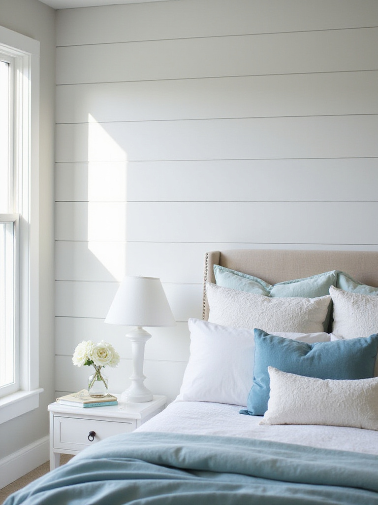 Coastal bedroom featuring a beadboard or shiplap wall accent with inviting decor.