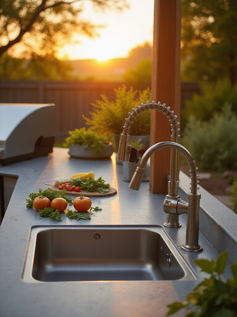 Outdoor kitchen featuring a stainless steel sink and faucet with a beautiful sunset background.