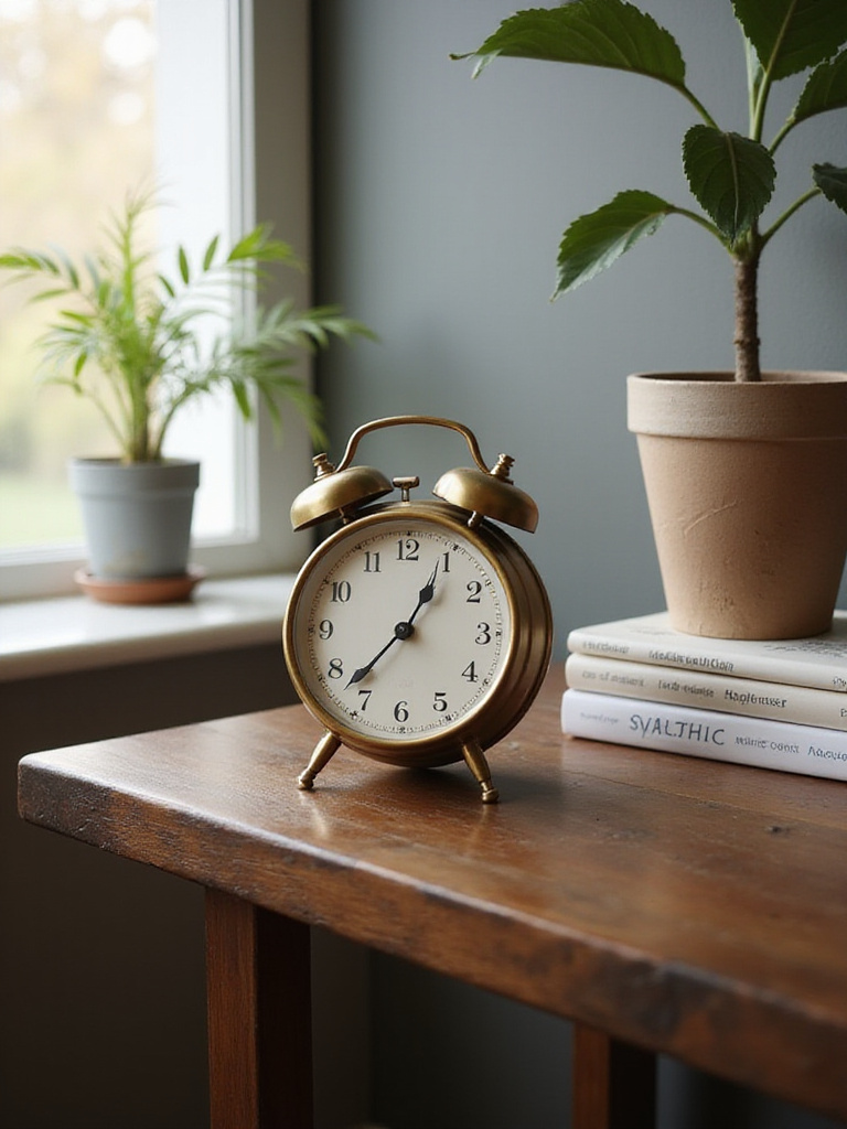 Elegant end table featuring a vintage brass alarm clock, stacked books, and a small plant.