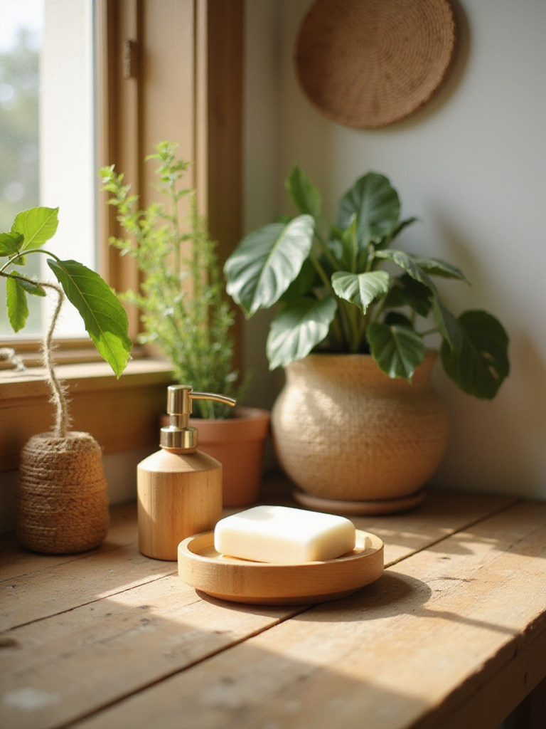 Boho bathroom with bamboo soap dispenser and holder