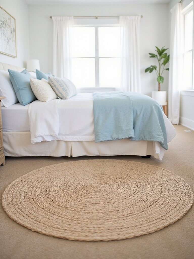 Coastal bedroom featuring a jute rug under a king-sized bed with natural light.
