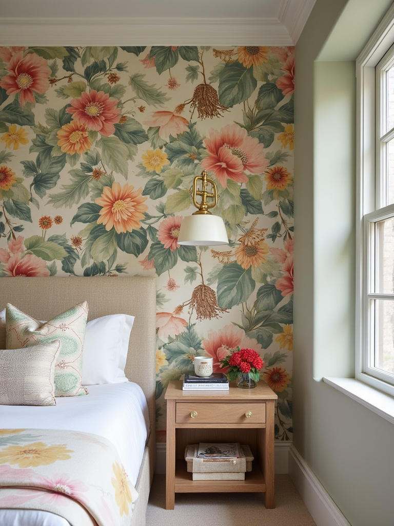 Vibrant wallpaper in a bedroom niche, showcasing botanical print.