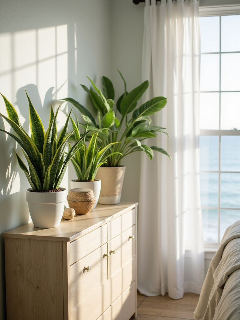 Coastal bedroom with indoor plants, including Snake Plant and Pothos on a dresser.