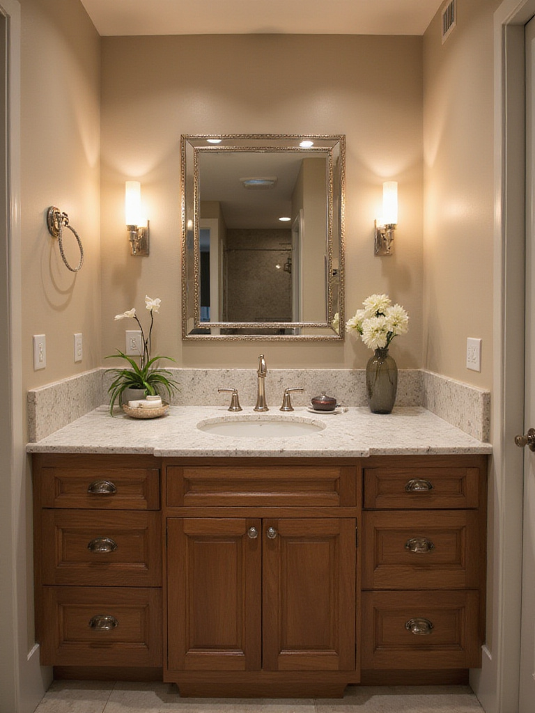 Modern bathroom vanity with elegant design and soft lighting