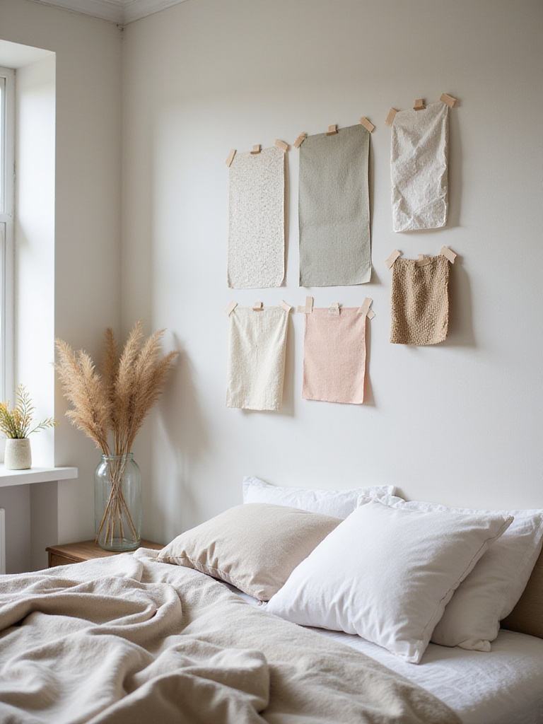 A well-lit bedroom wall displaying various wallpaper samples taped for testing.
