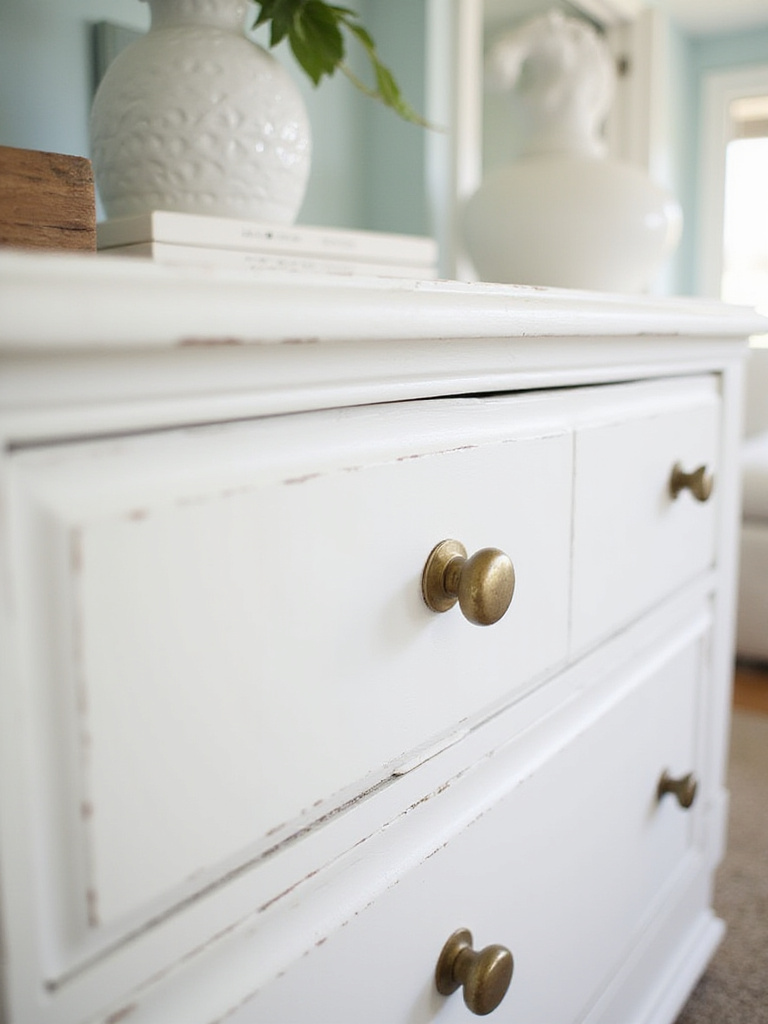 A vintage-inspired white dresser with aged brass hardware in a coastal bedroom setting