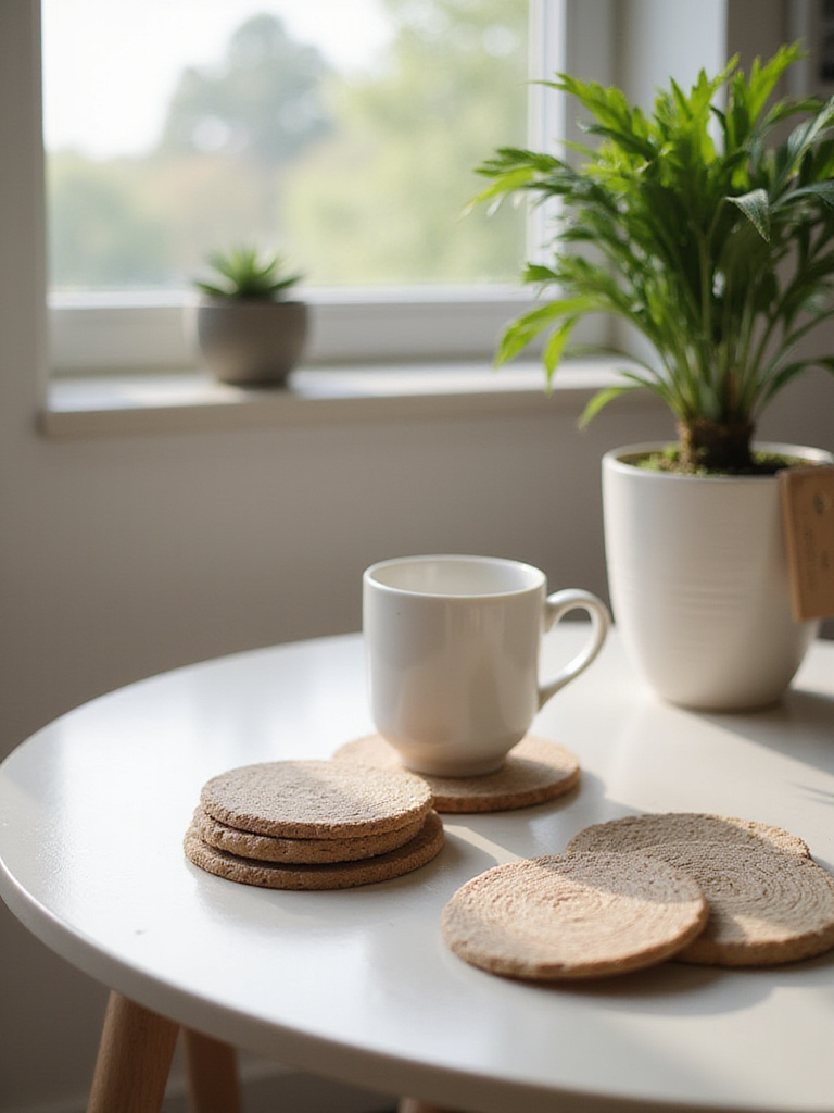Stylish coasters on a decorative end table with a coffee mug and plant