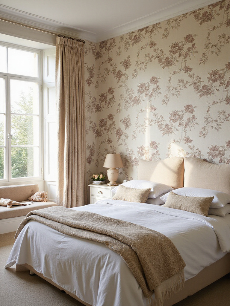 A beautifully designed bedroom with medium-scale floral wallpaper showcasing balance and harmony in design.