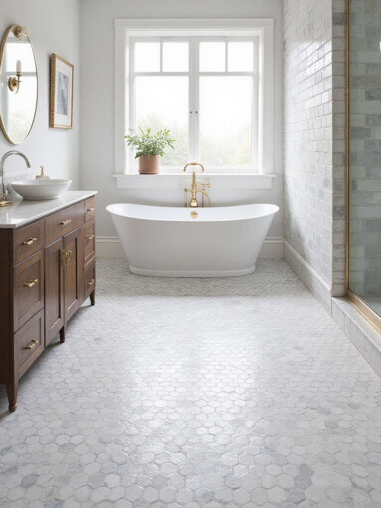 A stylish bathroom featuring durable ceramic tile flooring in a classic design.