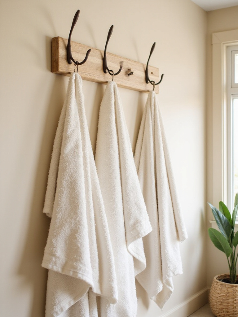 Boho bathroom with decorative hooks for towels and robes
