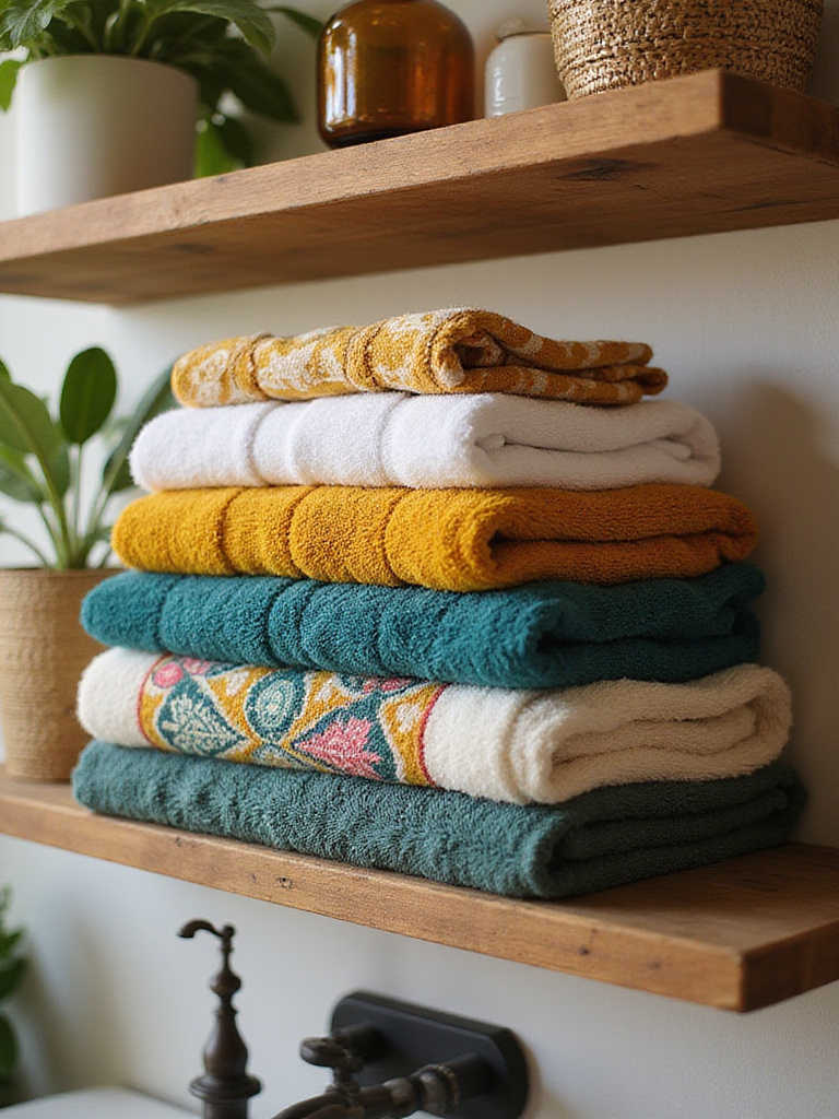Colorful patterned towels stacked on floating shelves in a boho bathroom.