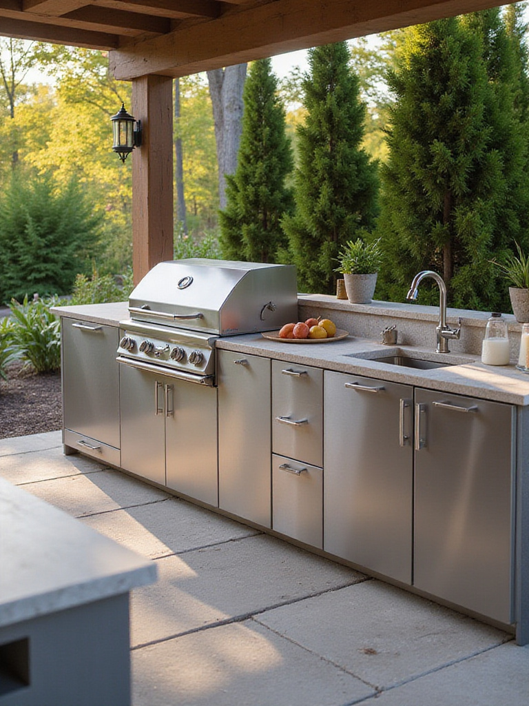 Modern outdoor kitchen with weather-resistant cabinetry made from marine-grade polymer and stainless steel