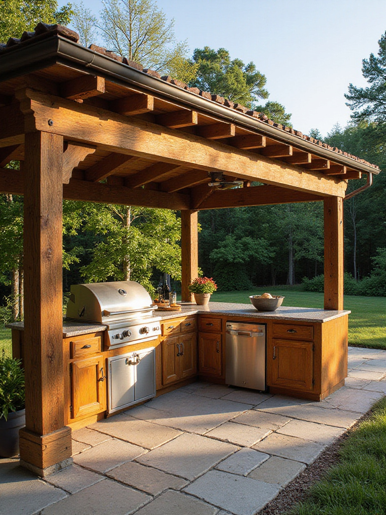 Professional outdoor kitchen patio setup focusing on sunlight and wind considerations