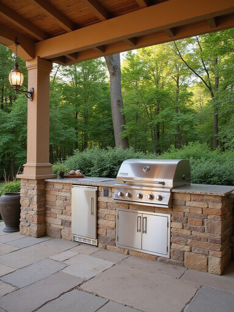 Outdoor kitchen featuring a built-in gas grill and side burner surrounded by lush greenery