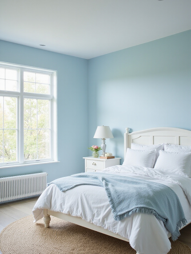 Serene coastal bedroom with soft blue walls and natural light