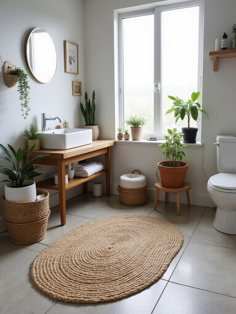 Bohemian bathroom with layered jute rug and natural decor elements.