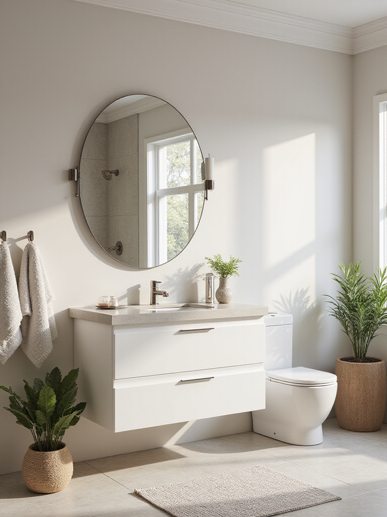 Modern bathroom featuring a perfectly fitted vanity with elegant accessories.