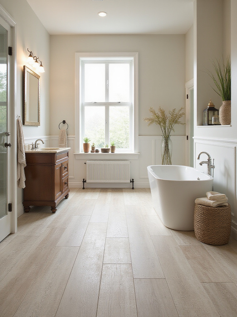 A beautiful bathroom showcasing various flooring options from budget-friendly to high-end materials.