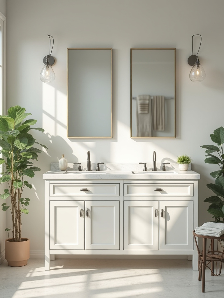 Stylish bathroom vanity with closed cabinet doors, showcasing a clutter-free environment.