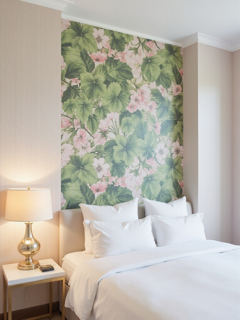 Elegant bedroom featuring complementary wallpaper patterns with botanical and pinstripe designs.