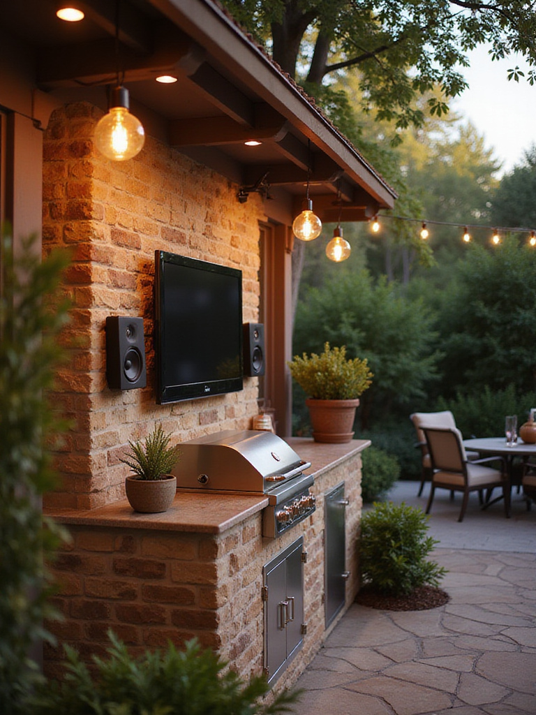 Outdoor kitchen patio with speakers and TV, designed for entertainment