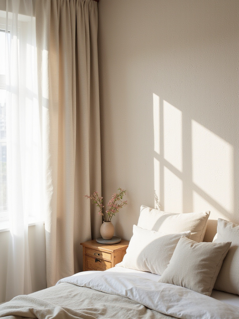 Cozy bedroom with subtle textured wallpaper in light beige