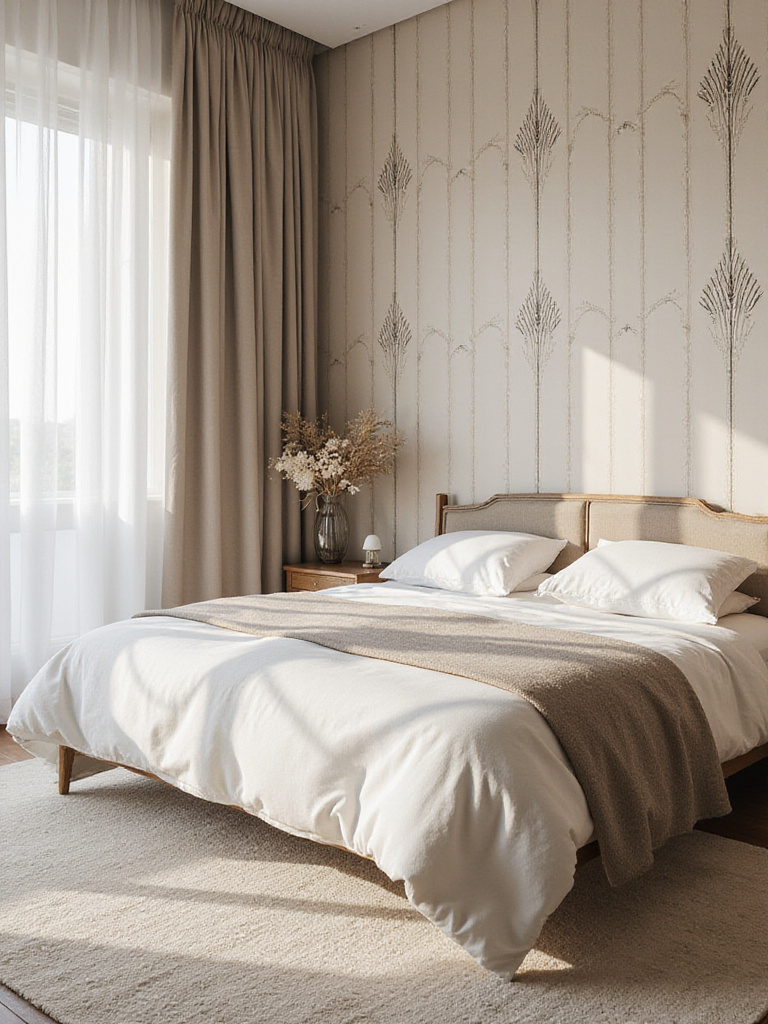 Mid-Century Modern bedroom with wallpaper matching the decor theme
