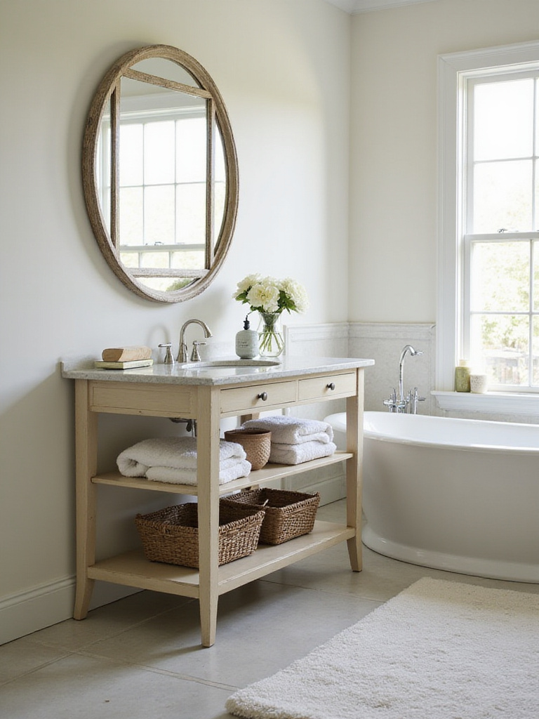 Stylish bathroom featuring a console vanity with open storage and decorative baskets.