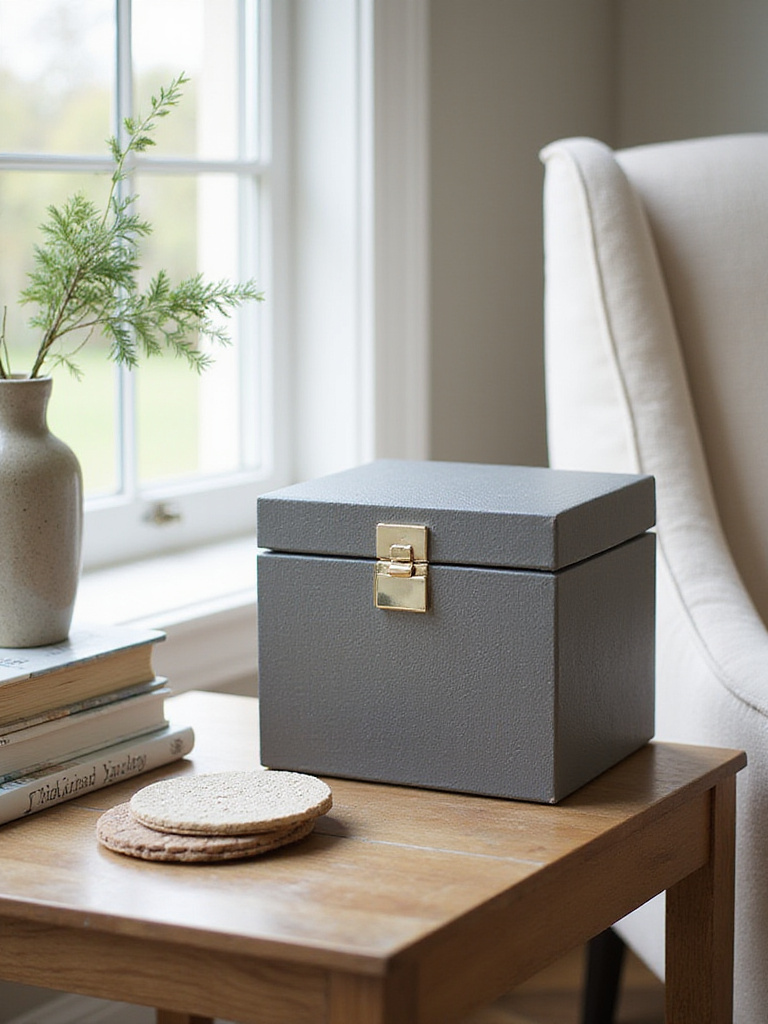 A chic decorative box on an end table, organizing remotes and coasters in a stylish living space.