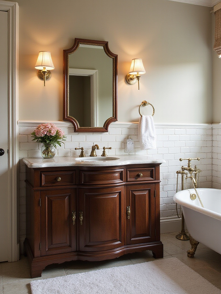 Traditional bathroom with dark wood vanity and antique brass fixtures