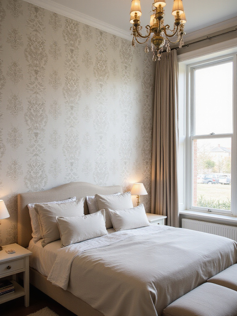 A serene bedroom with elegant strippable wallpaper, neutral linens, and soft ambient lighting.