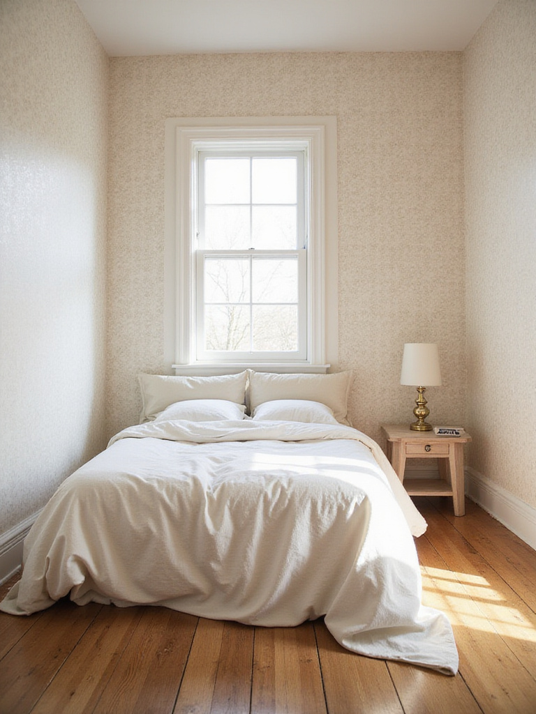 Small bedroom with light wallpaper and cozy bedding, showcasing design strategies for spaciousness.