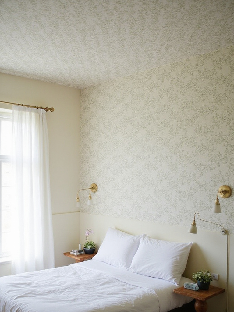 Elegant bedroom with a wallpapered ceiling featuring a beautiful botanical pattern.