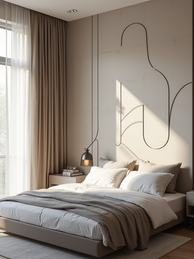 Modern bedroom with geometric patterned wallpaper and minimalist decor