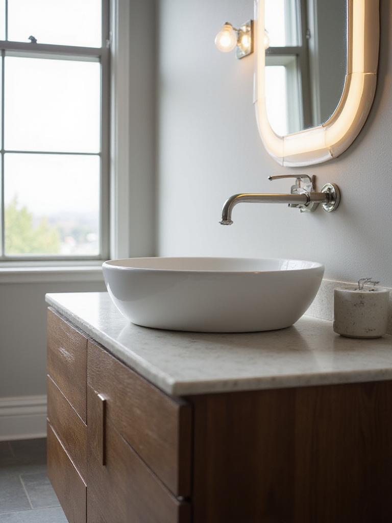 Stylish vessel sink on a modern vanity in a beautifully lit bathroom setting.
