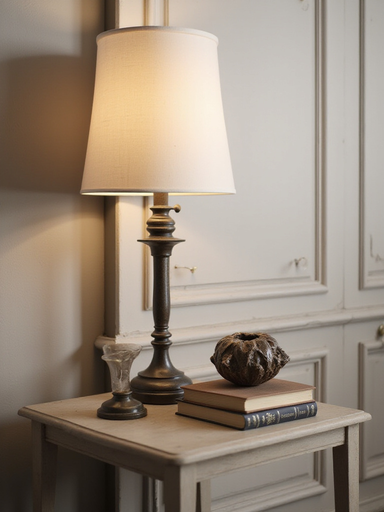 Styled end table with varying heights using a lamp, sculpture, and books.